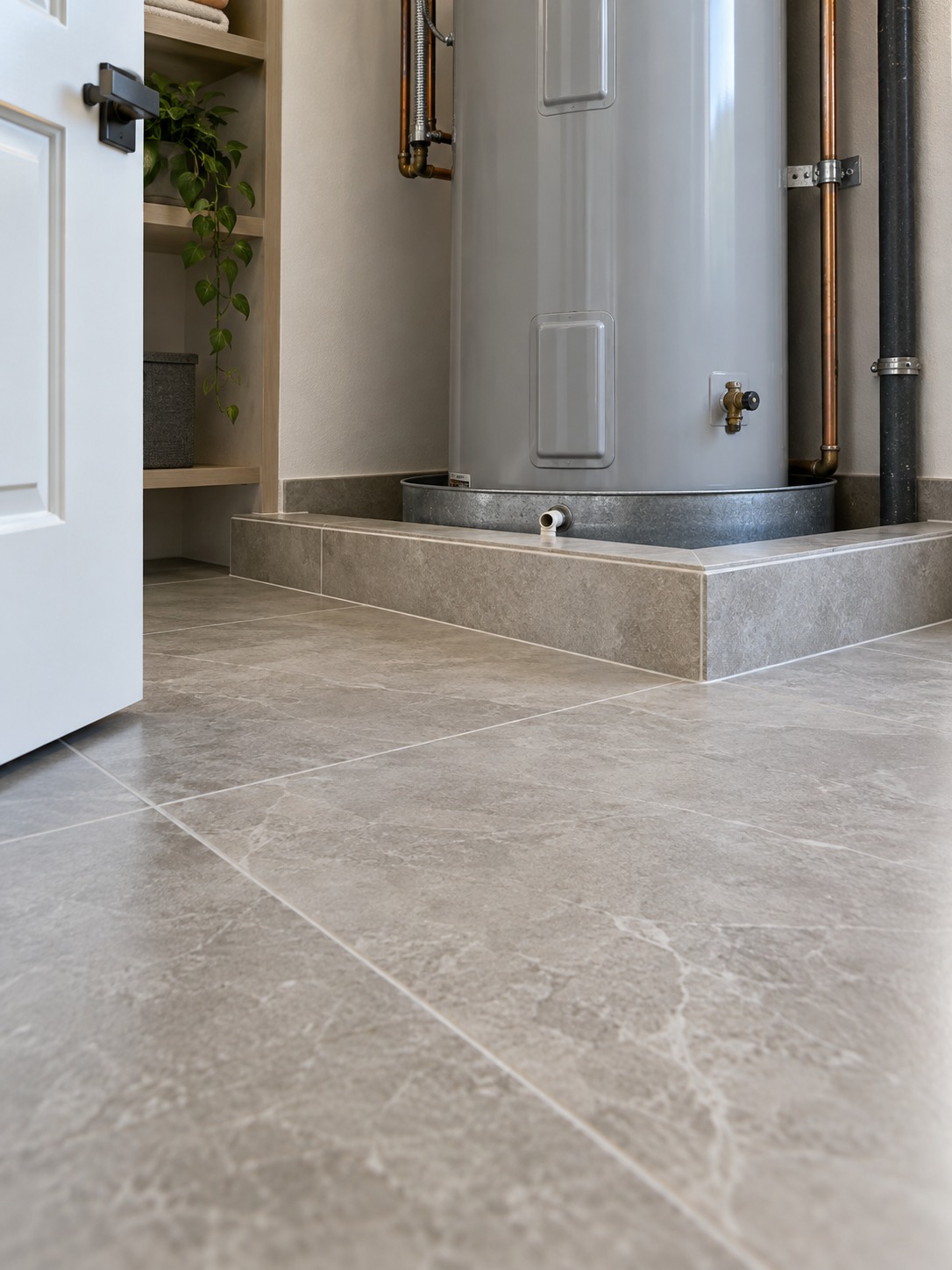 Porcelain utility closet floor with curb Sealed porcelain utility closet floor with a discreet curb around the water heater | Sky Rye Design Sealed porcelain utility closet floor with a discreet curb around the water heater