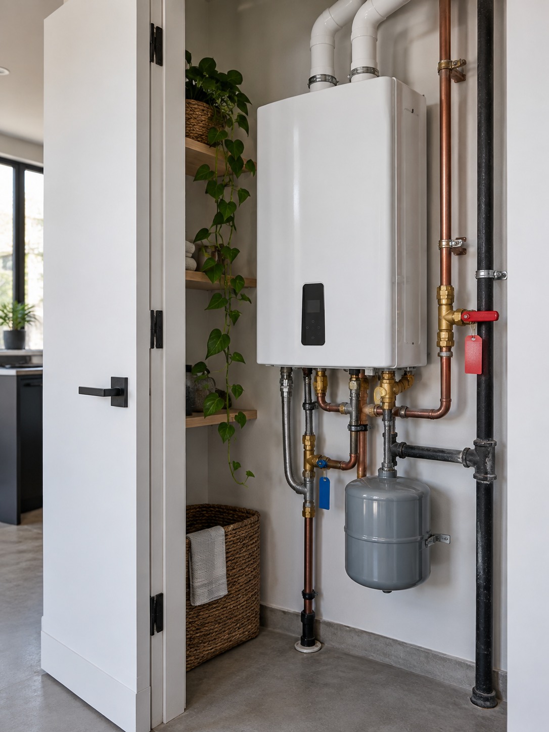 Tankless water heater and accessible shut-off Open modern utility closet with a tankless water heater and accessible shut-off valve | Sky Rye Design Open modern utility closet with a tankless water heater and accessible shut-off valve