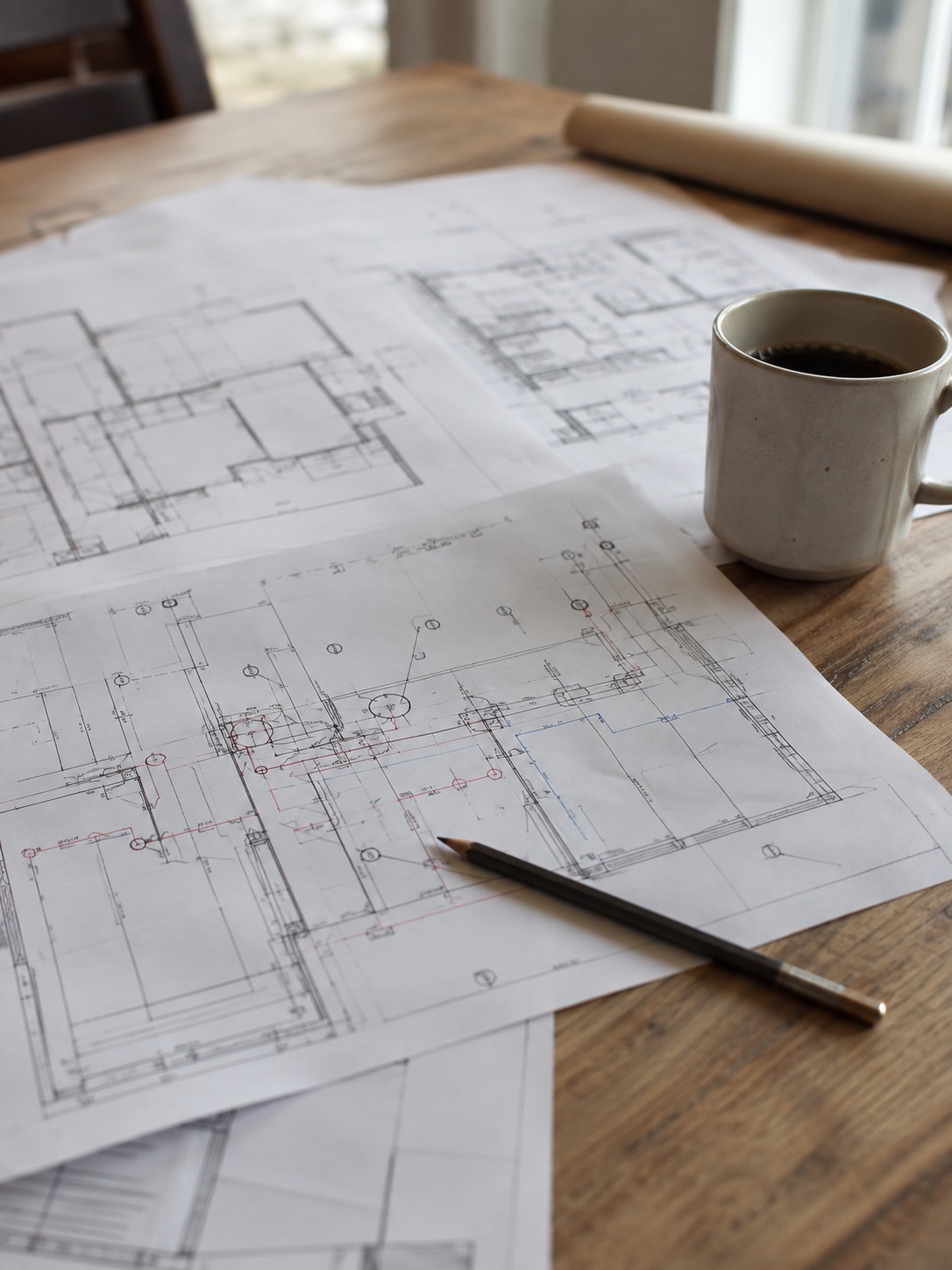 renovation blueprints and a utility rough-in plan spread across a table