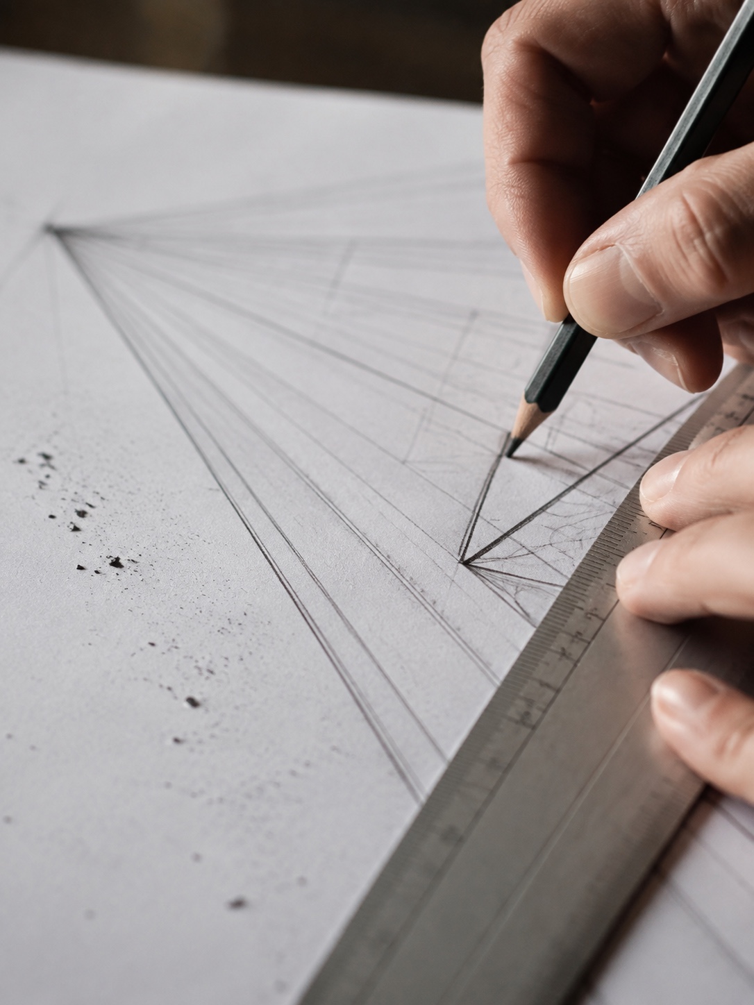 Vanishing Point Pyramid Construction Lines Hand drawing pyramid construction lines toward a vanishing point with graphite on paper. | Sky Rye Design Hand drawing pyramid construction lines toward a vanishing point with graphite on paper.