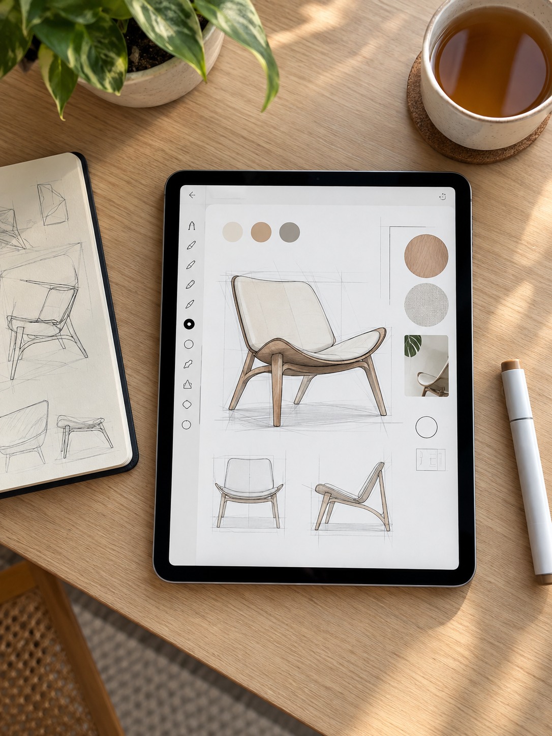 Vector product sketch app on iPad iPad with a vector product sketch beside a sketchbook, marker, and cup of tea | Sky Rye Design iPad with a vector product sketch beside a sketchbook, marker, and cup of tea