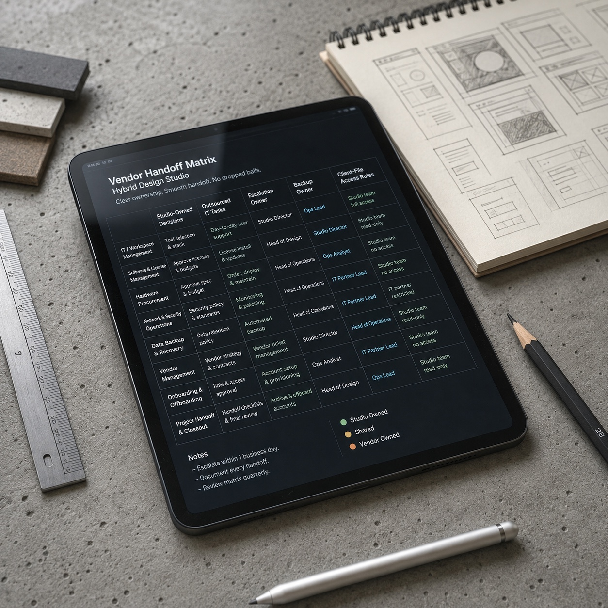 Tablet showing a vendor handoff matrix for studio-owned decisions and outsourced IT tasks.
