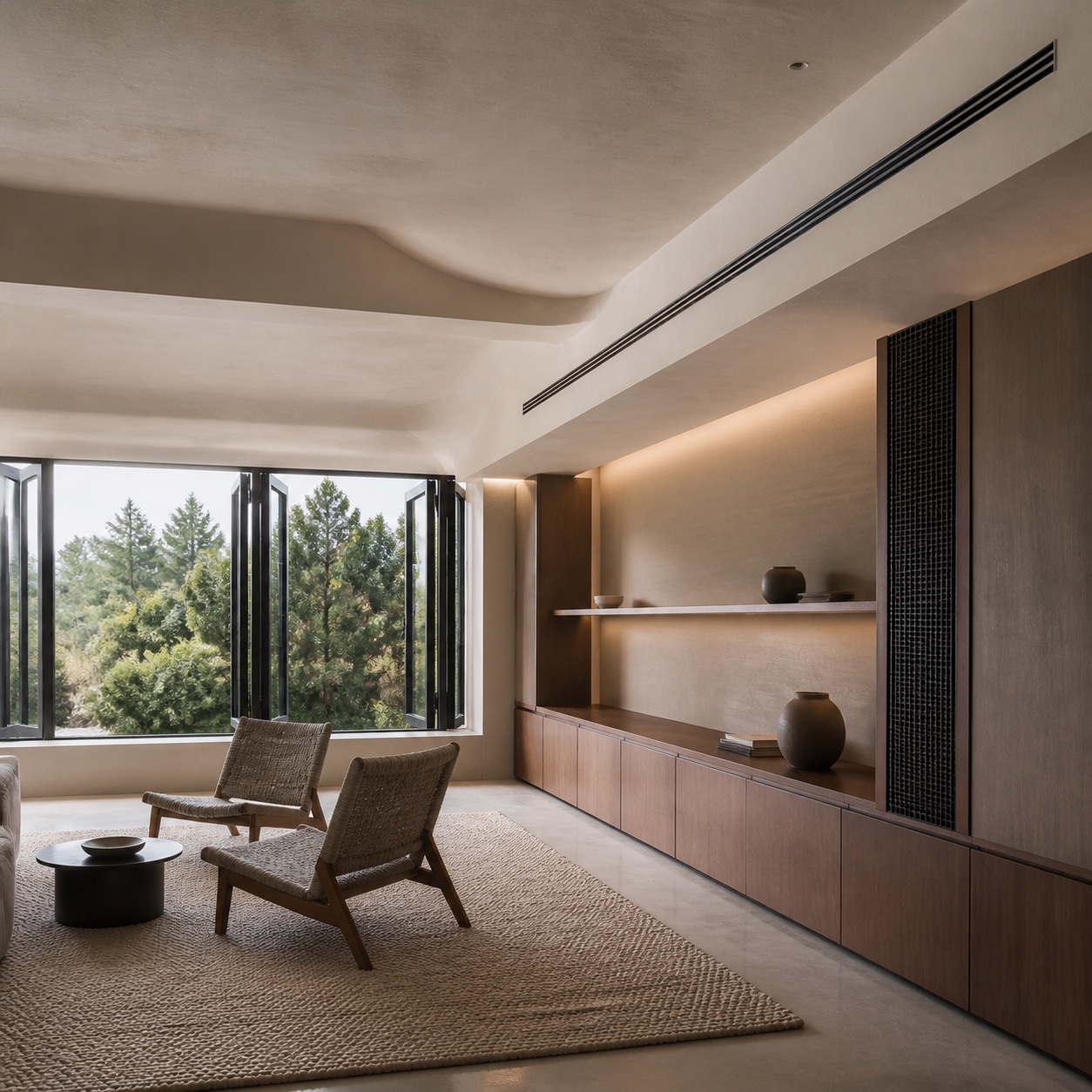 Ventilation Integrated Modern Living Room Modern living room with concealed ceiling vents, walnut media wall, and operable windows. | Sky Rye Design Modern living room with concealed ceiling vents, walnut media wall, and operable windows.