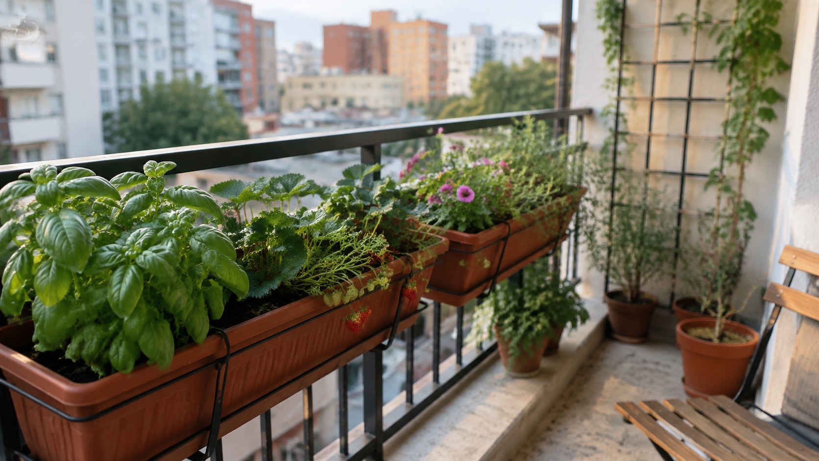 Small balcony garden ideas with vertical gardening planter boxes on a city railing.