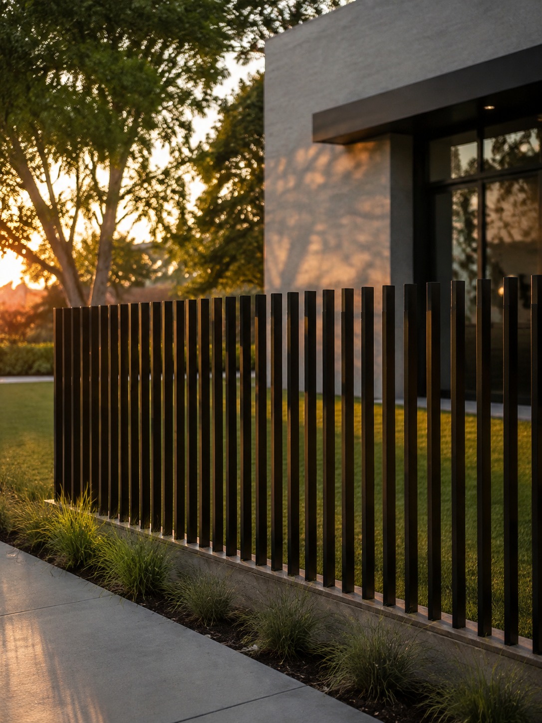 Vertical picket metal fence for home security A matte black vertical-picket metal fence in front of a modern home with open sightlines across the yard. | Sky Rye Design A matte black vertical-picket metal fence in front of a modern home with open sightlines across the yard.