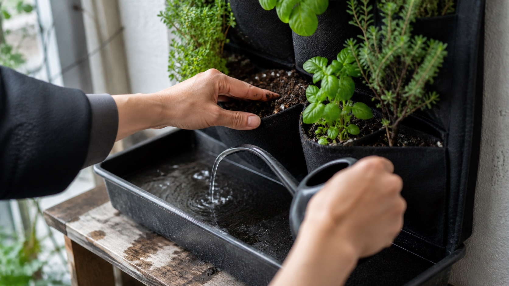 Hands checking drainage while watering vertical planter boxes for small-space gardening.