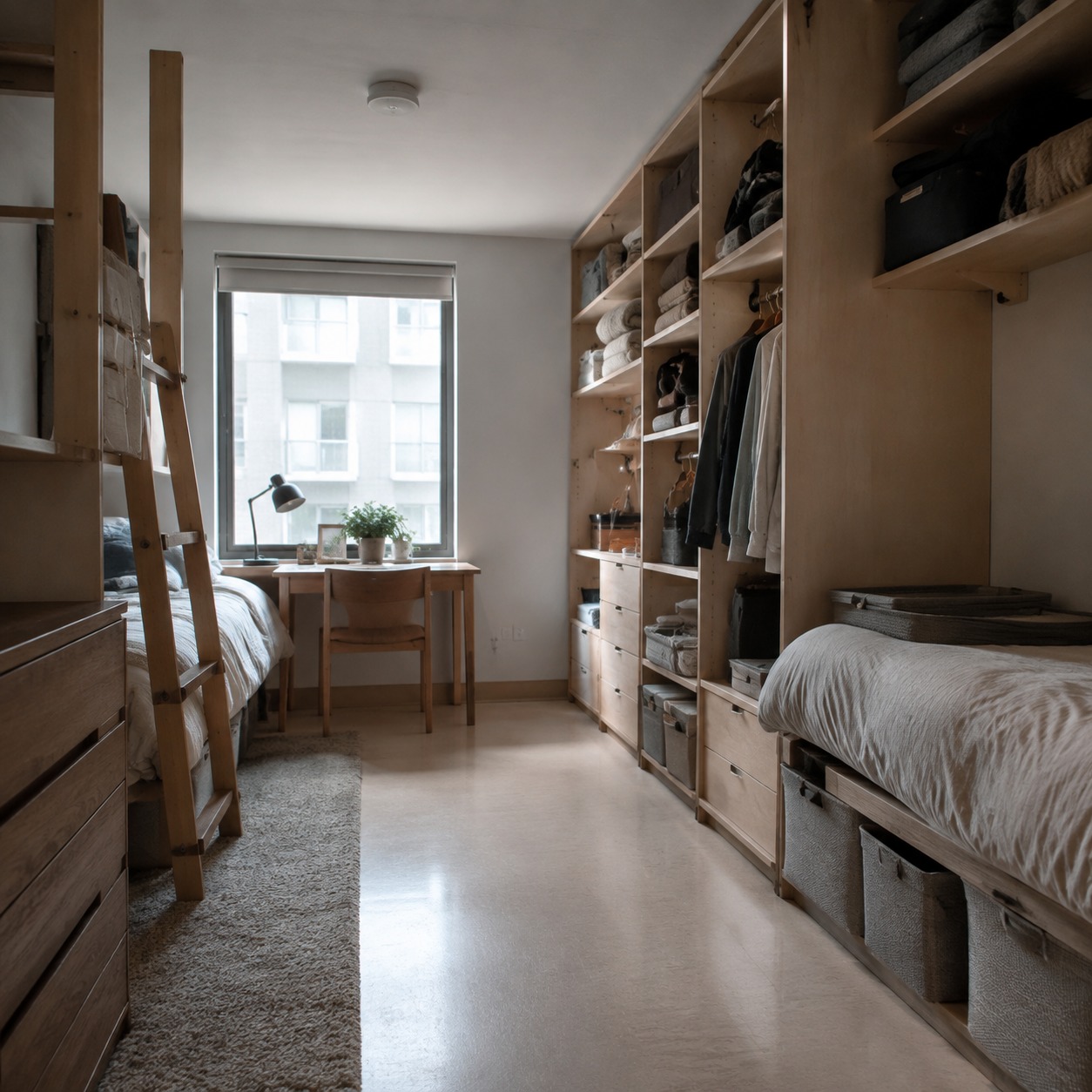Vertical shelving in a small dorm layout Cozy dorm room with tall wooden wardrobes full of folded clothes and storage bins, two beds, and a window desk. | Sky Rye Design Small dorm room with tall shelving, under-bed bins, and a clear walking path.