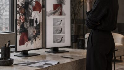 Two vertical monitors comparing generic template motion with a restrained custom brand system