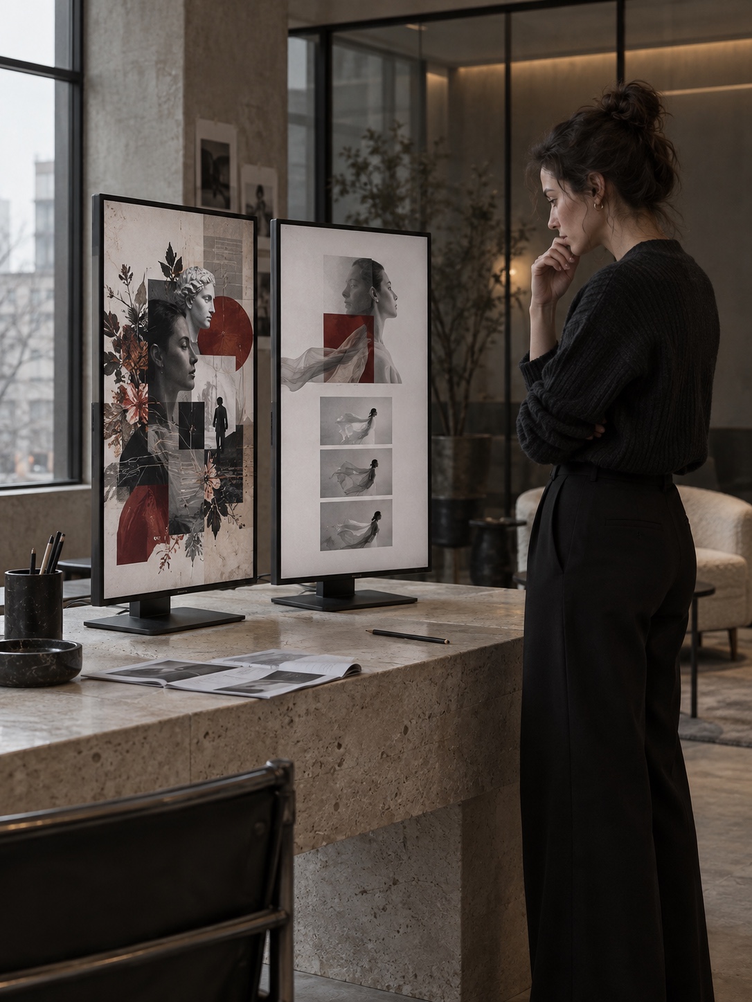 Template motion versus custom motion Two vertical monitors comparing generic template motion with a restrained custom brand system | Sky Rye Design Two vertical monitors comparing generic template motion with a restrained custom brand system