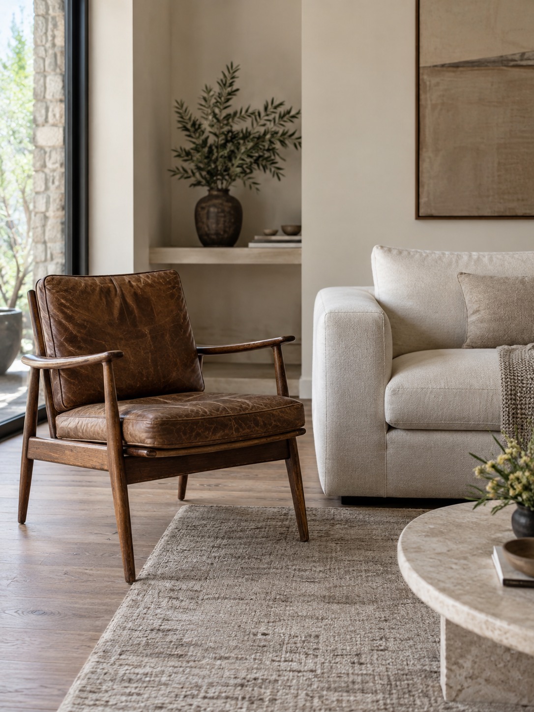 Vintage mid-century chair paired with a contemporary minimalist sofa