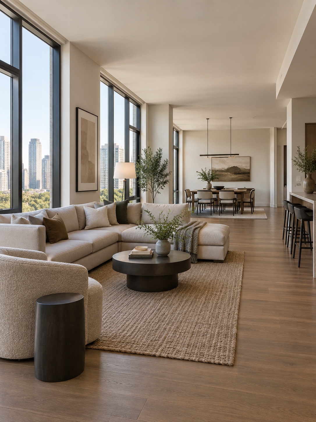 Open-plan rental interior with continuous warm flooring and consistent trim color