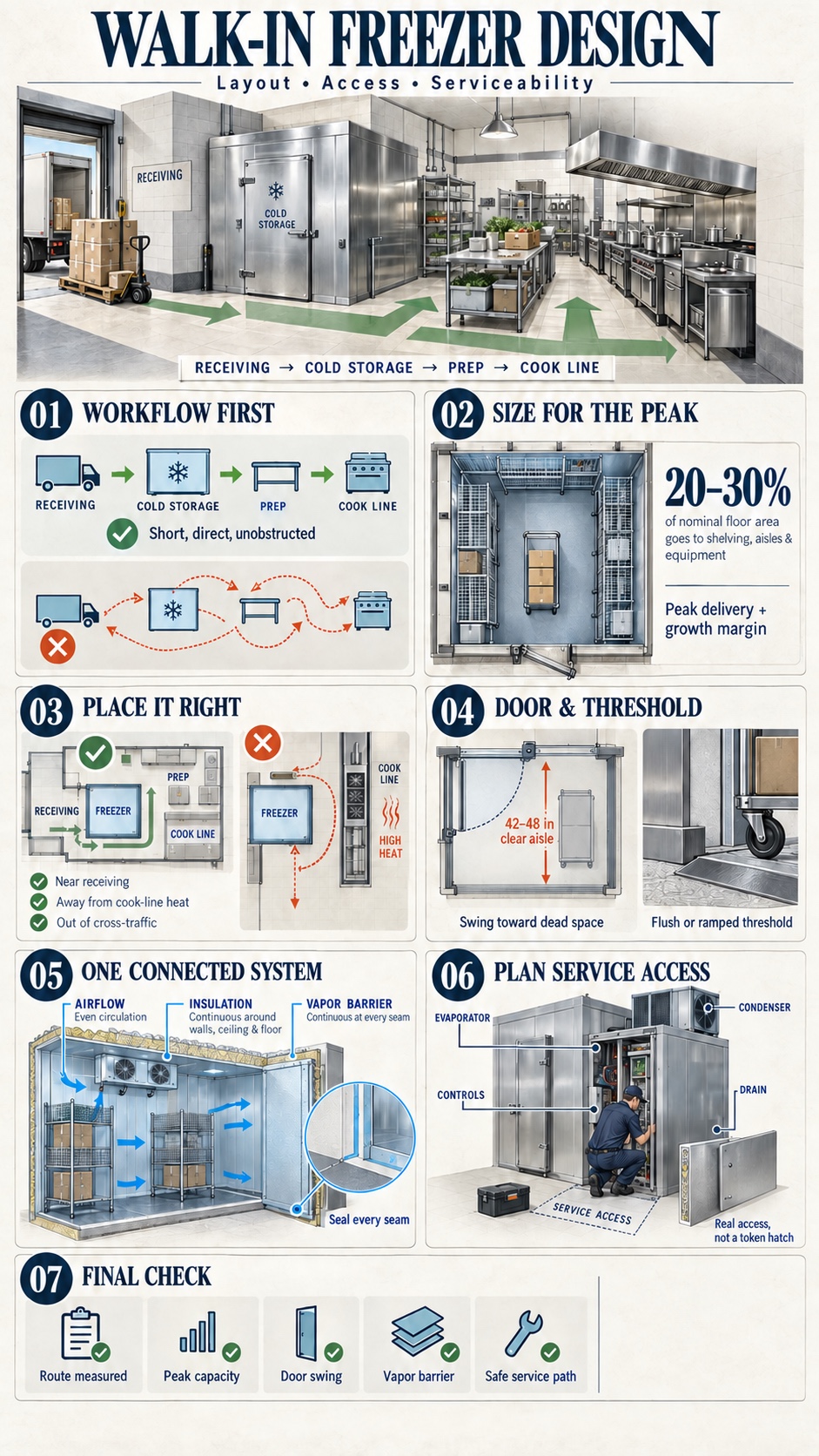 Walk-In Freezer Design Infographic Walk-in freezer design infographic showing workflow, capacity, placement, door clearance, system coordination and service access | Sky Rye Design Walk-in freezer design infographic showing workflow, capacity, placement, door clearance, system coordination and service access