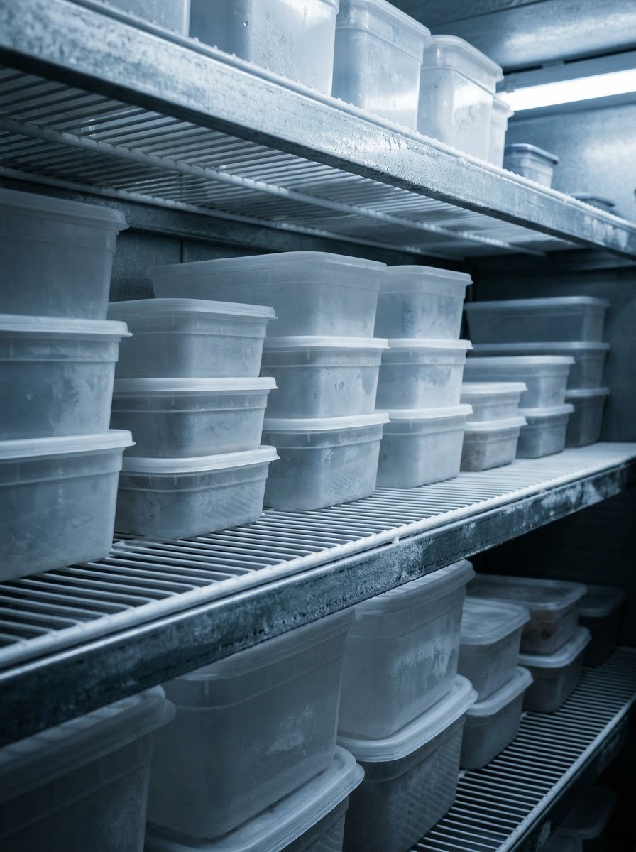 Wire Shelving Inside a Walk-In Freezer Organized wire shelving with airflow gaps inside a commercial walk-in freezer | Sky Rye Design Organized wire shelving with airflow gaps inside a commercial walk-in freezer