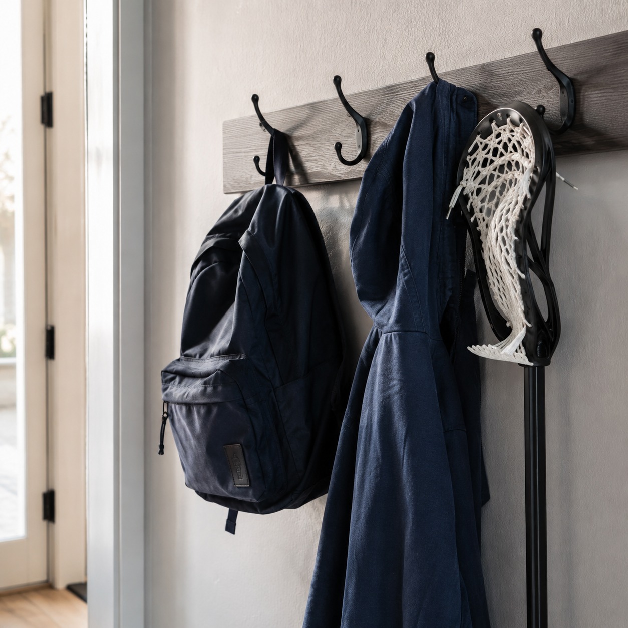Wall hooks for backpack and sports gear Wall hooks near a doorway holding a backpack, jacket, and sports gear. | Sky Rye Design Wall hooks near a doorway holding a backpack, jacket, and sports gear.