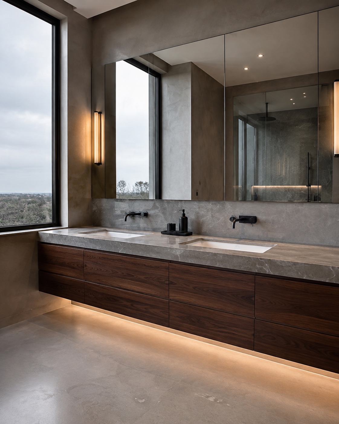 High end bathroom vanities with wall hung walnut drawers, double sinks, mirror cabinets and warm LED lighting