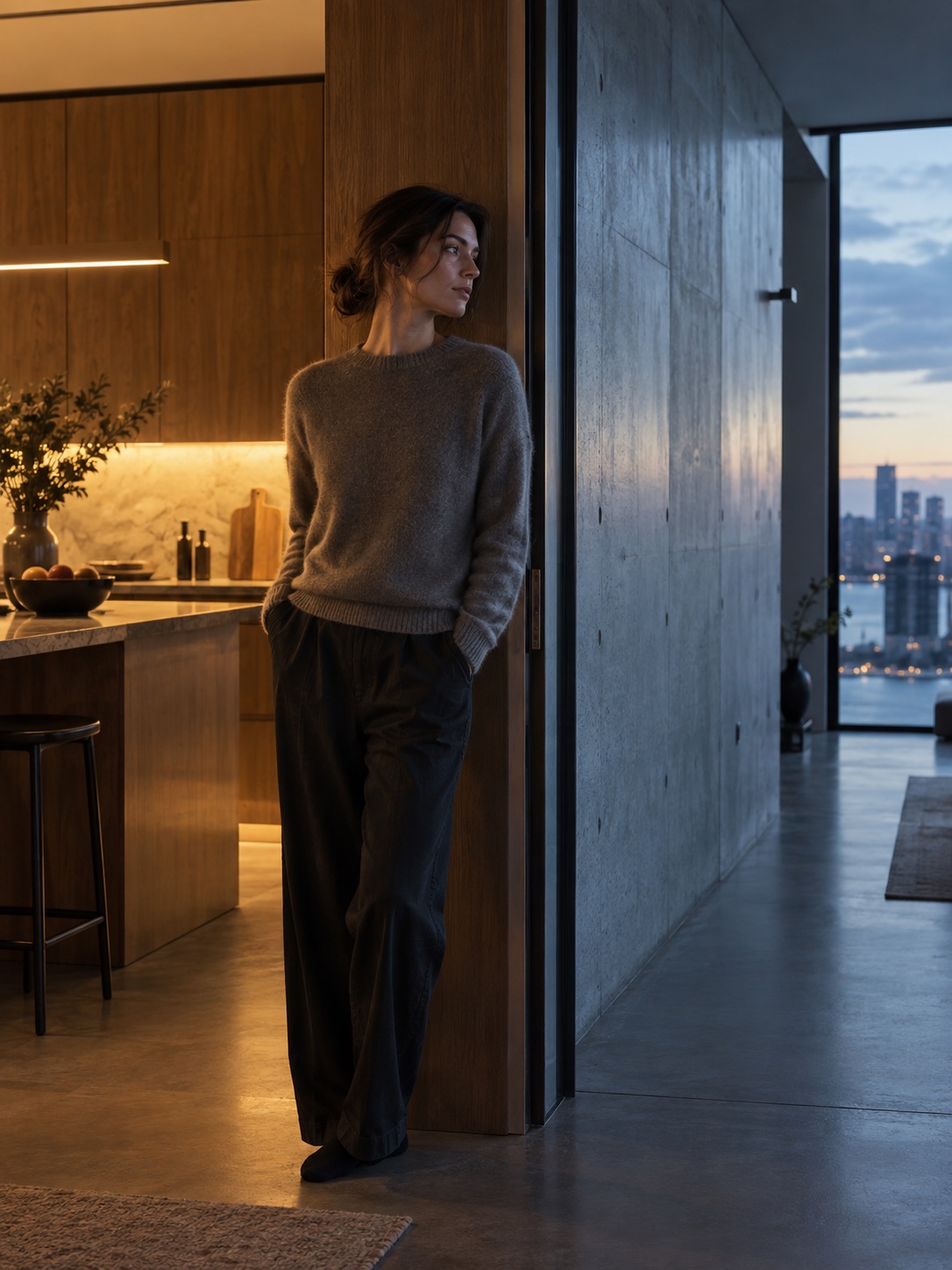 Warm and cool cinematic lighting Person paused between a warm oak kitchen and a cool concrete hall, lit by two believable color temperatures. | Sky Rye Design Person paused between a warm oak kitchen and a cool concrete hall, lit by two believable color temperatures.