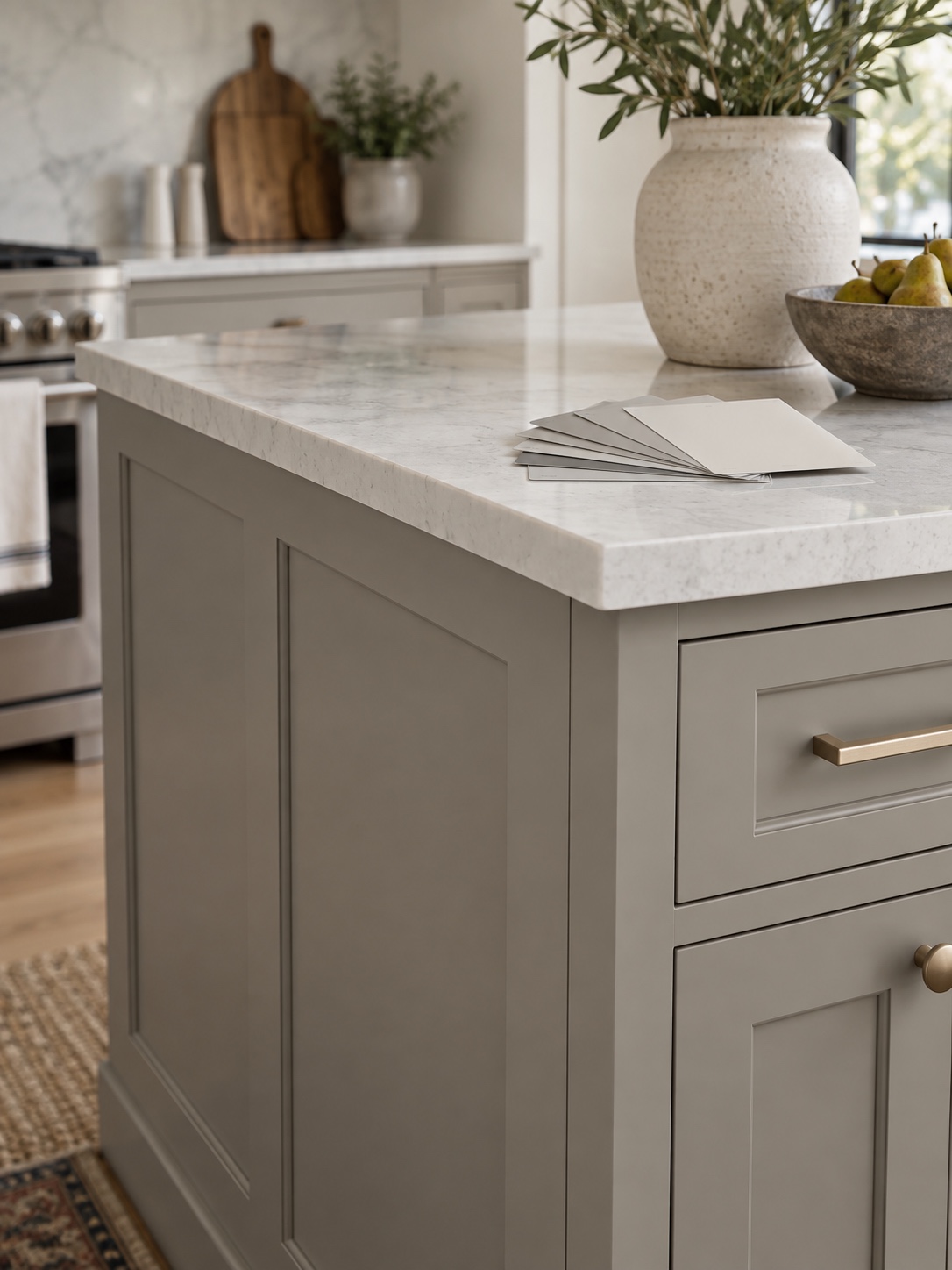 Warm gray cabinet sample Warm gray kitchen cabinet finish beside paint samples on quartz | Sky Rye Design Warm gray kitchen cabinet finish beside paint samples on quartz