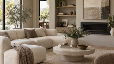 Warm greige walls with crisp white ceiling and oak floor in a bright living room