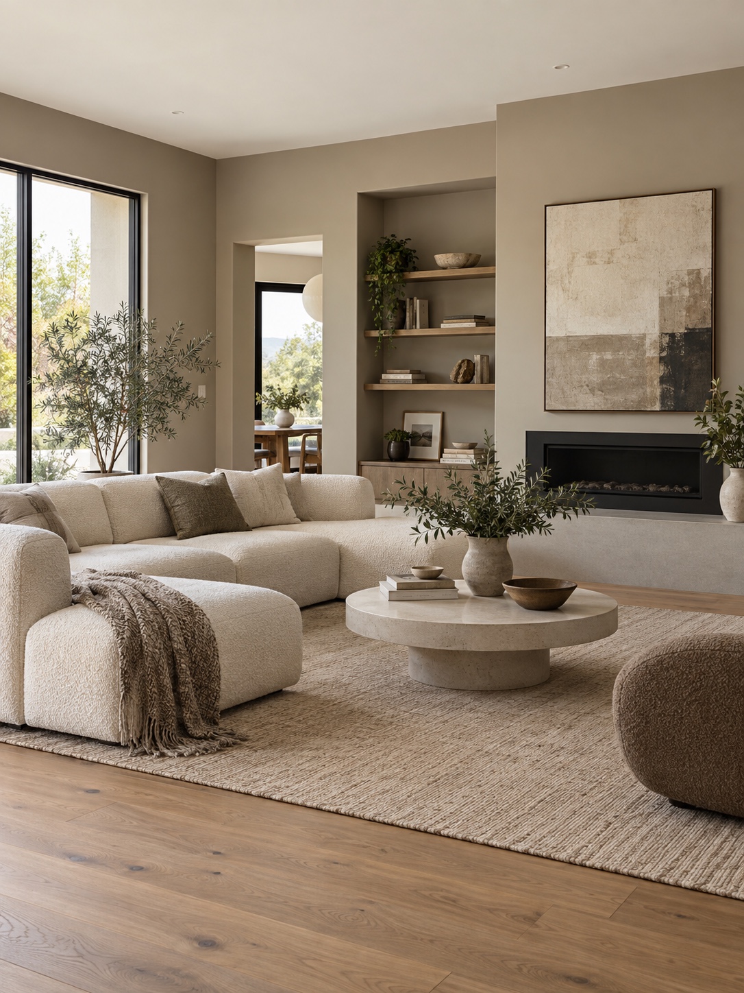 Warm greige living room palette Warm greige walls with crisp white ceiling and oak floor in a bright living room | Sky Rye Design Warm greige walls with crisp white ceiling and oak floor in a bright living room