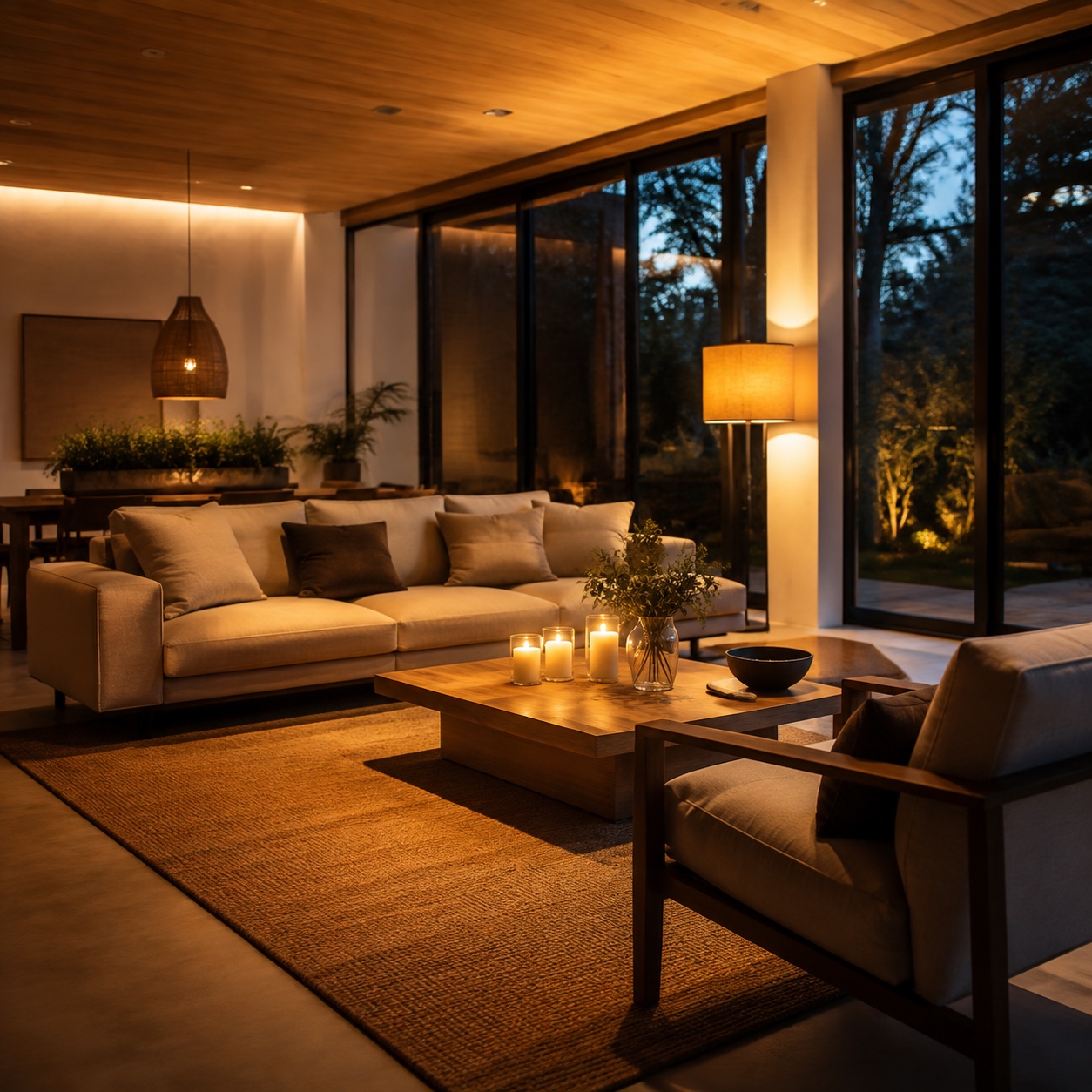 Warm Lit Modern Living Room During an Outage Warmly lit modern living room suggesting uninterrupted comfort during a power outage. | Sky Rye Design Warmly lit modern living room suggesting uninterrupted comfort during a power outage.