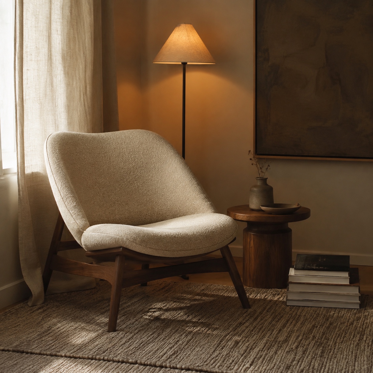 Warm minimalist reading corner Warm minimalist reading corner with textured cream lounge chair, walnut side table, linen curtain, floor lamp, books, and wool rug. | Sky Rye Design Warm minimalist reading corner with textured cream lounge chair, walnut side table, linen curtain, floor lamp, books, and wool rug.
