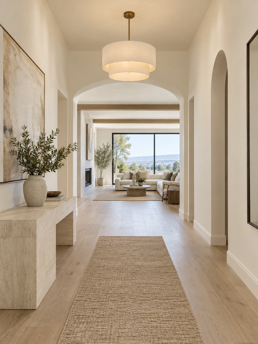 Warm white hallway flow Warm white hallway connecting visually to an open living room | Sky Rye Design Warm white hallway connecting visually to an open living room