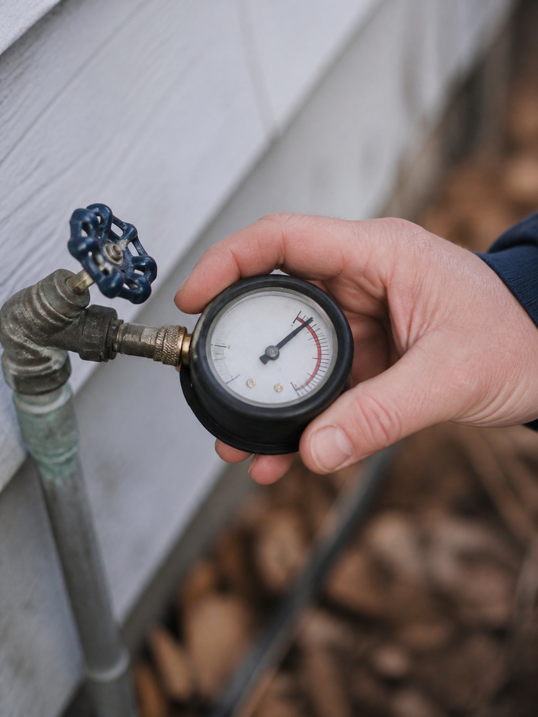 water pressure gauge attached to an outdoor spigot during remodel planning