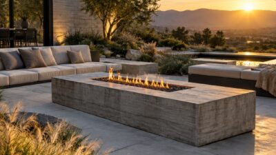 Modern concrete fire pit patio framed by native grasses and drought-tolerant planting