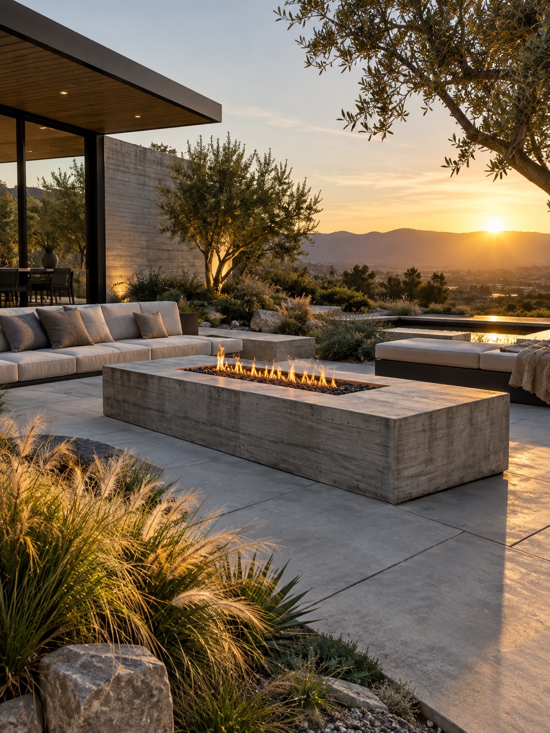 Modern concrete fire pit patio framed by native grasses and drought-tolerant planting