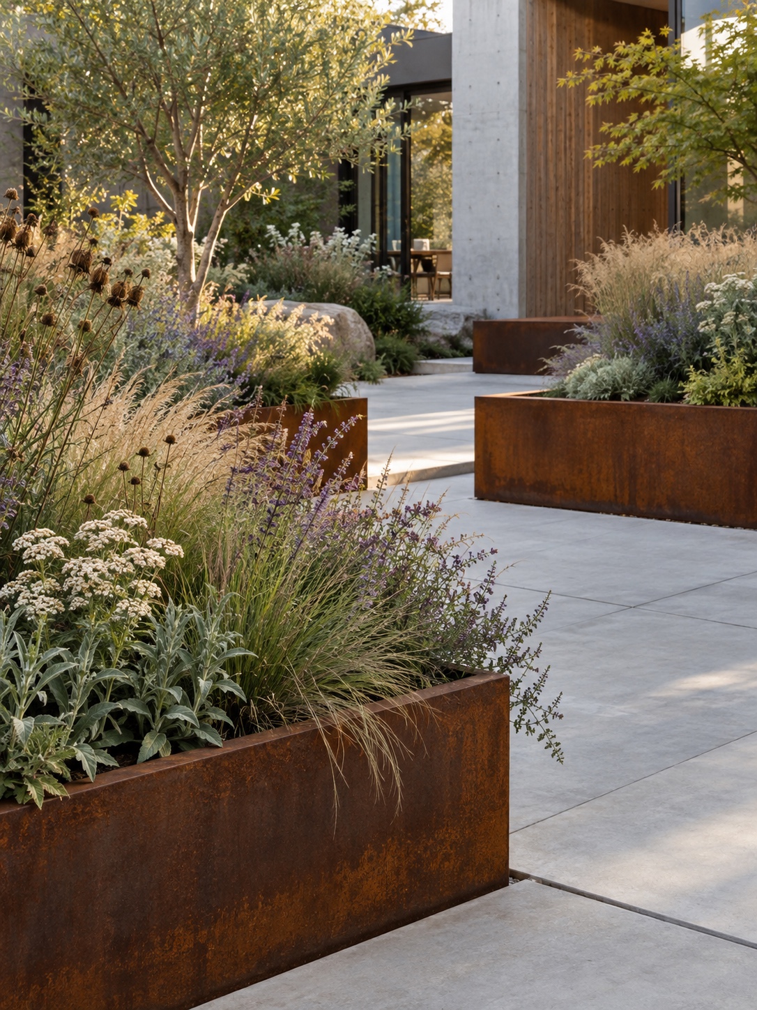 Corten steel raised beds layered with native perennials and ornamental grasses