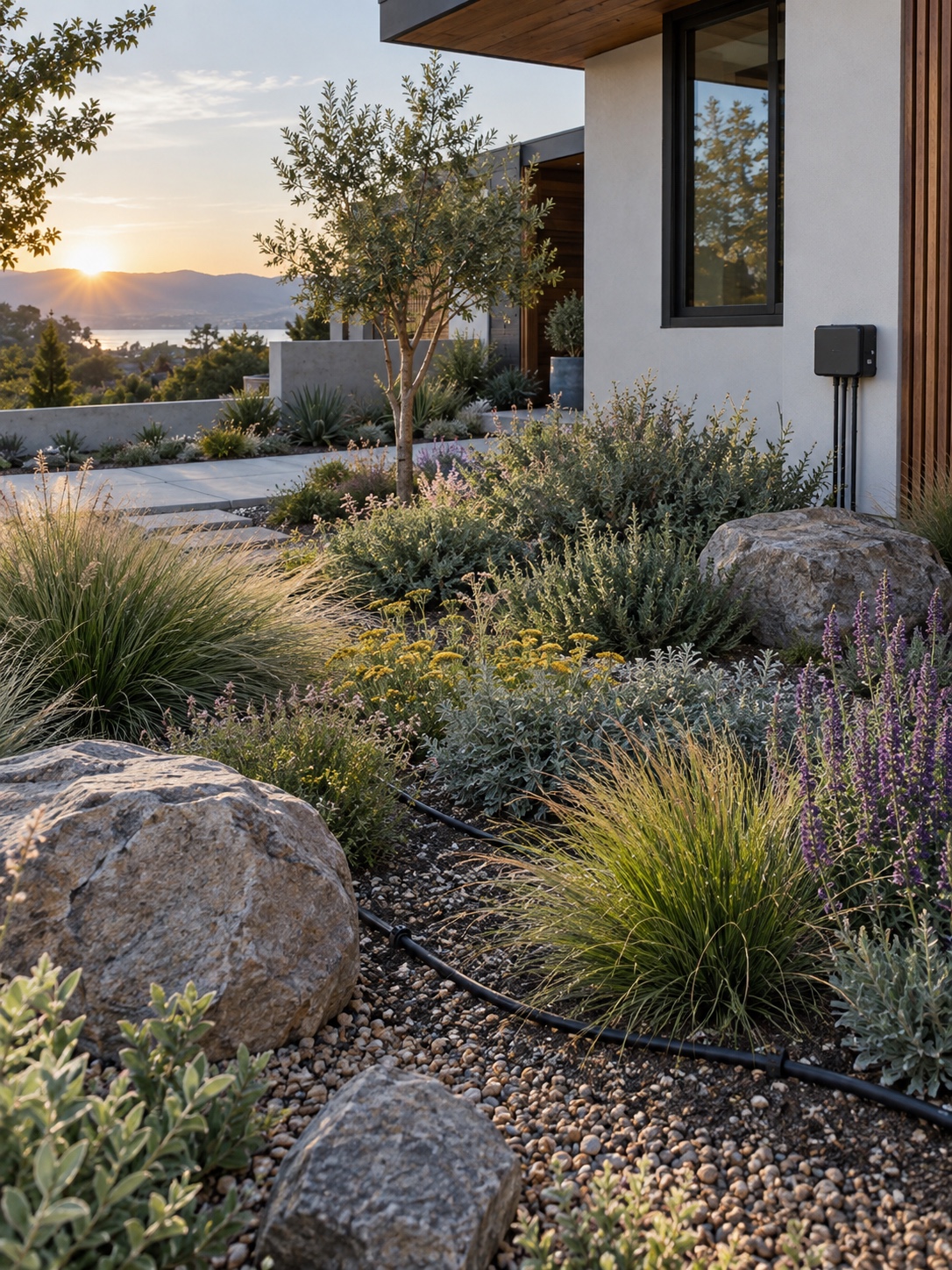Modern front yard with native grasses, drip irrigation, and a discreet smart controller