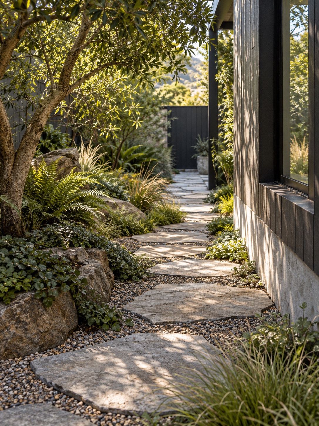 Flagstone walkway set in gravel with native groundcover spilling over the edges