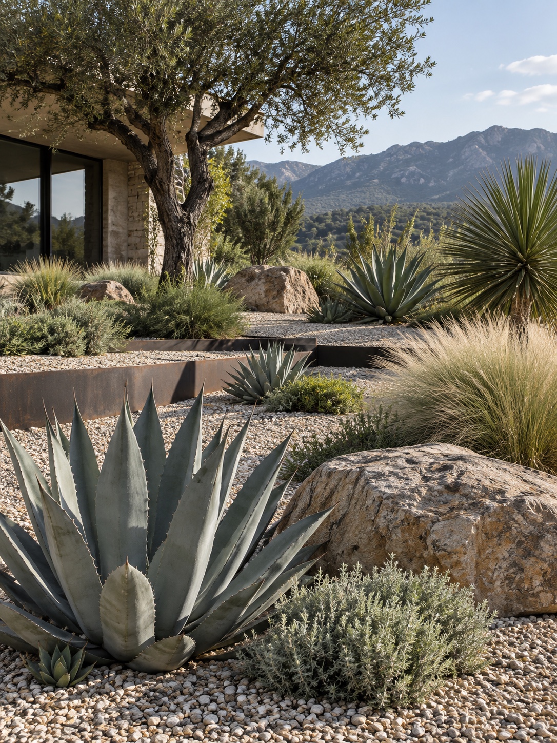 Gravel xeriscape garden with sculptural drought-tolerant plants and steel edging
