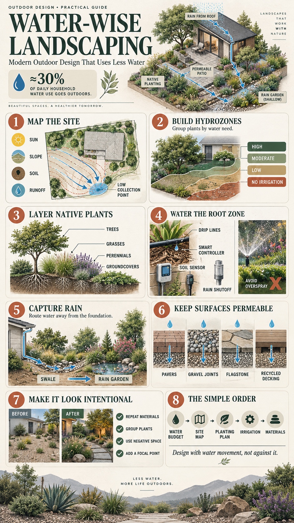 Water-wise landscaping infographic covering hydrozones, native plants, smart irrigation, rain capture, and permeable surfaces