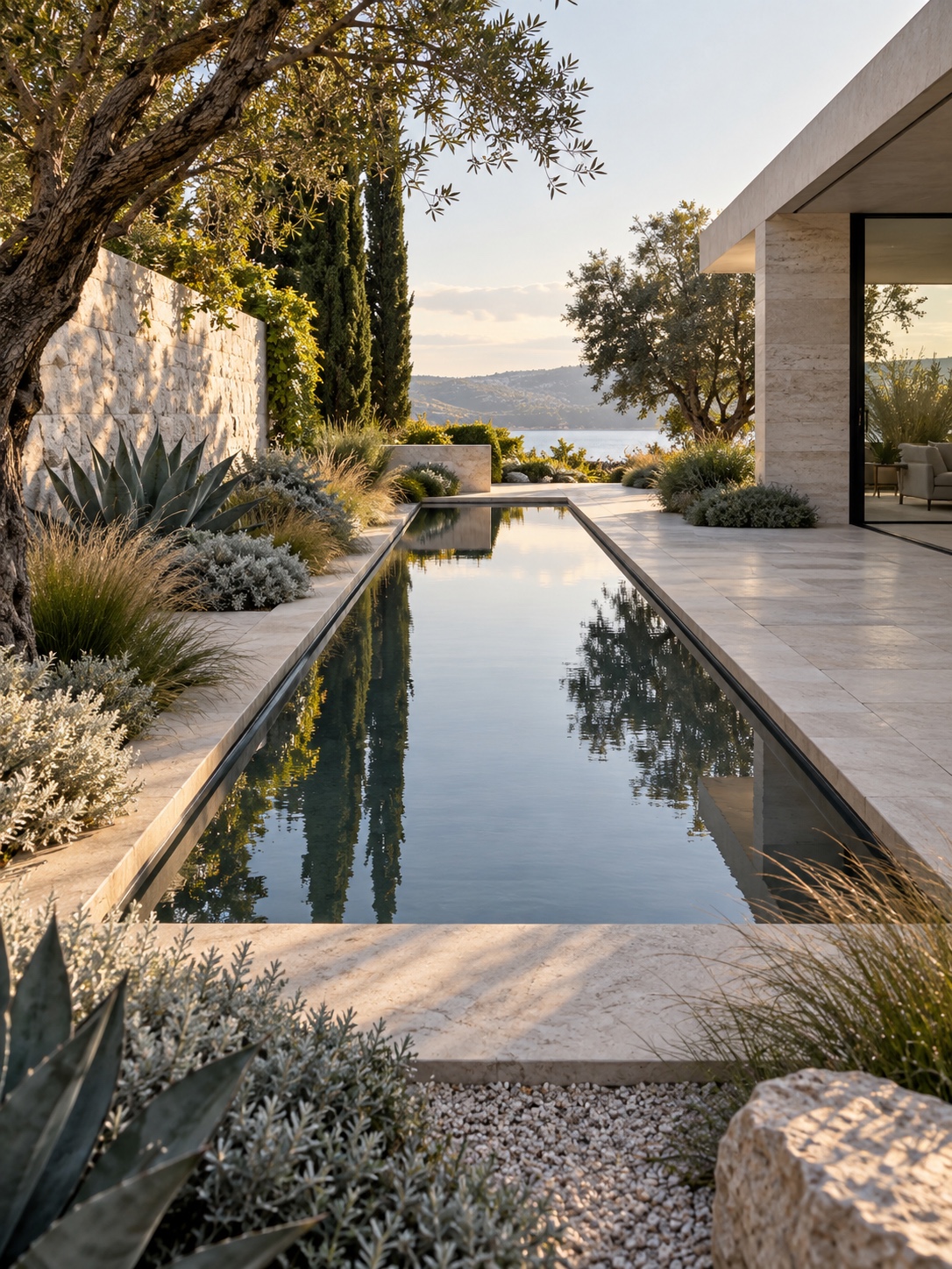 Linear reflecting pool bordered by drought-tolerant succulents and native grasses