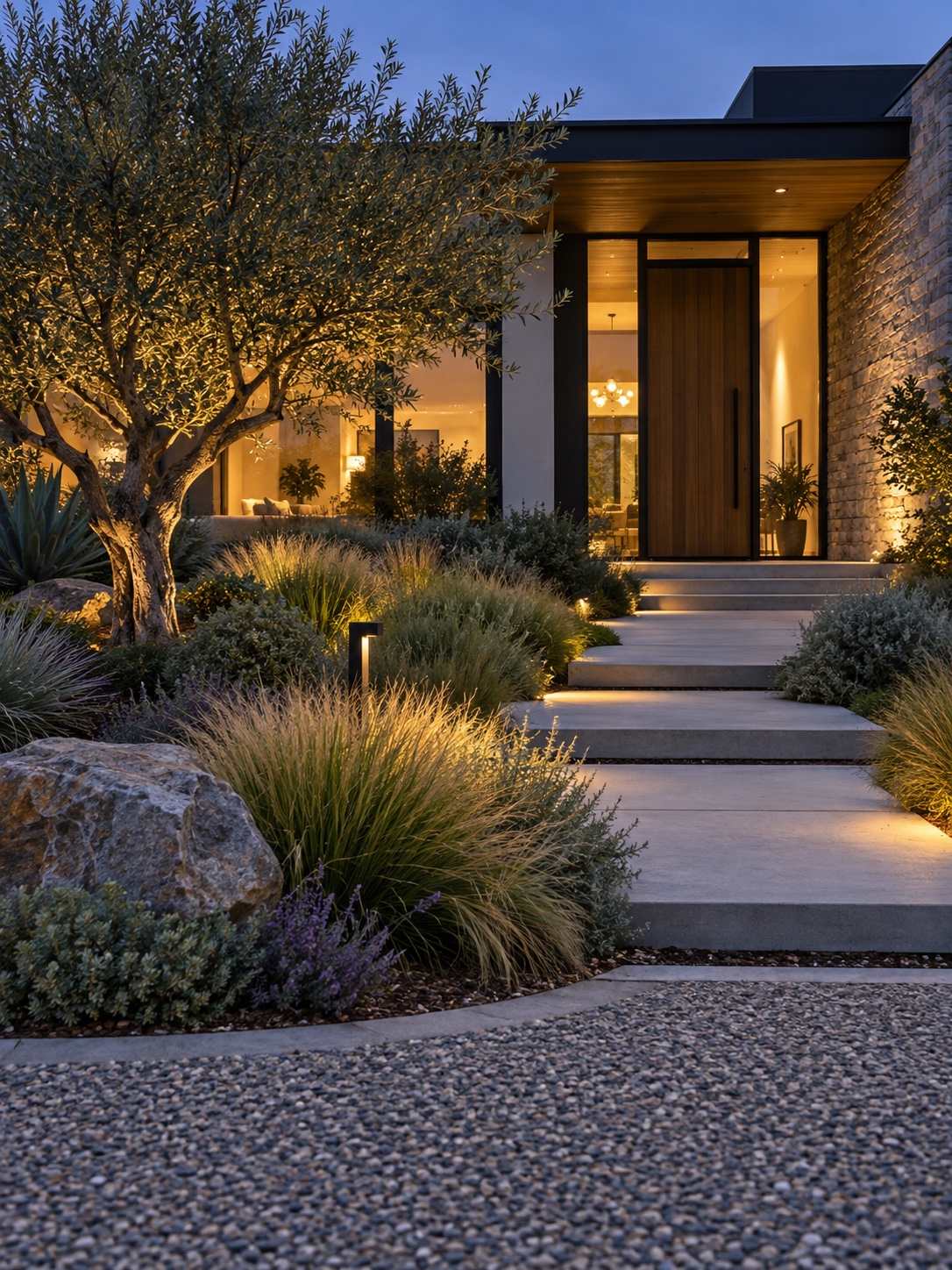 Modern front entry with permeable pavers, layered native planting, and warm path lighting
