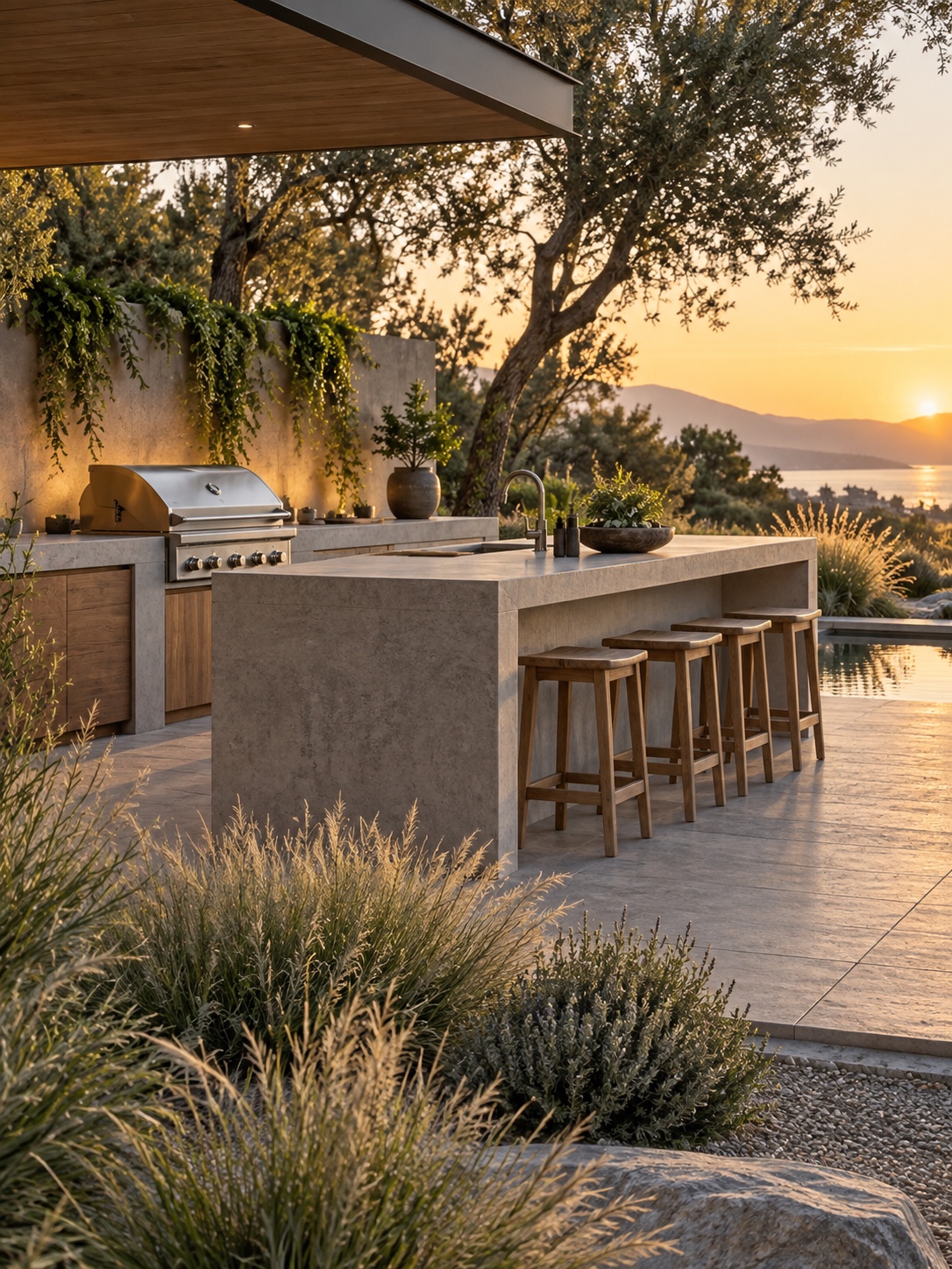 Modern outdoor kitchen with a concrete bar and structured native grass planting