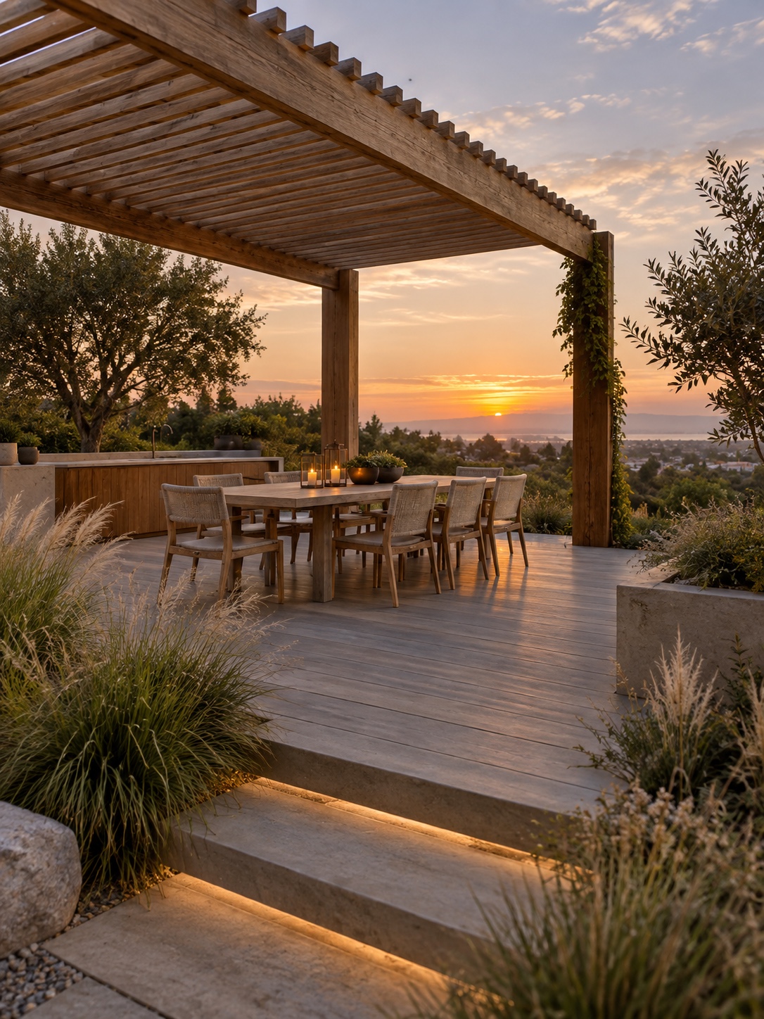 Wood pergola dining terrace with composite decking and layered native grasses