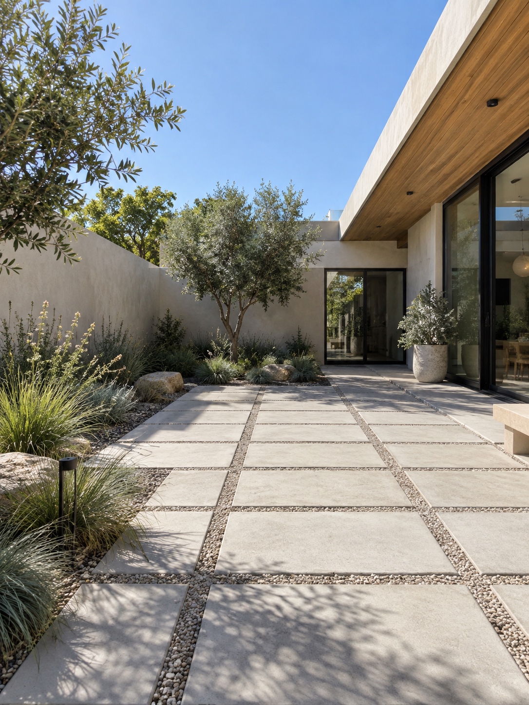 Geometric permeable paver courtyard with gravel joints and native planting beds