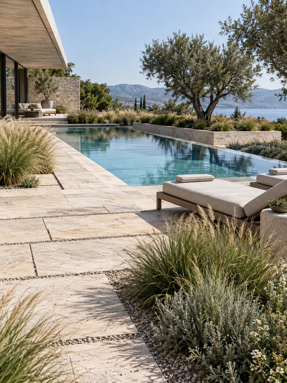 Modern pool deck with permeable travertine pavers and a border of native grasses