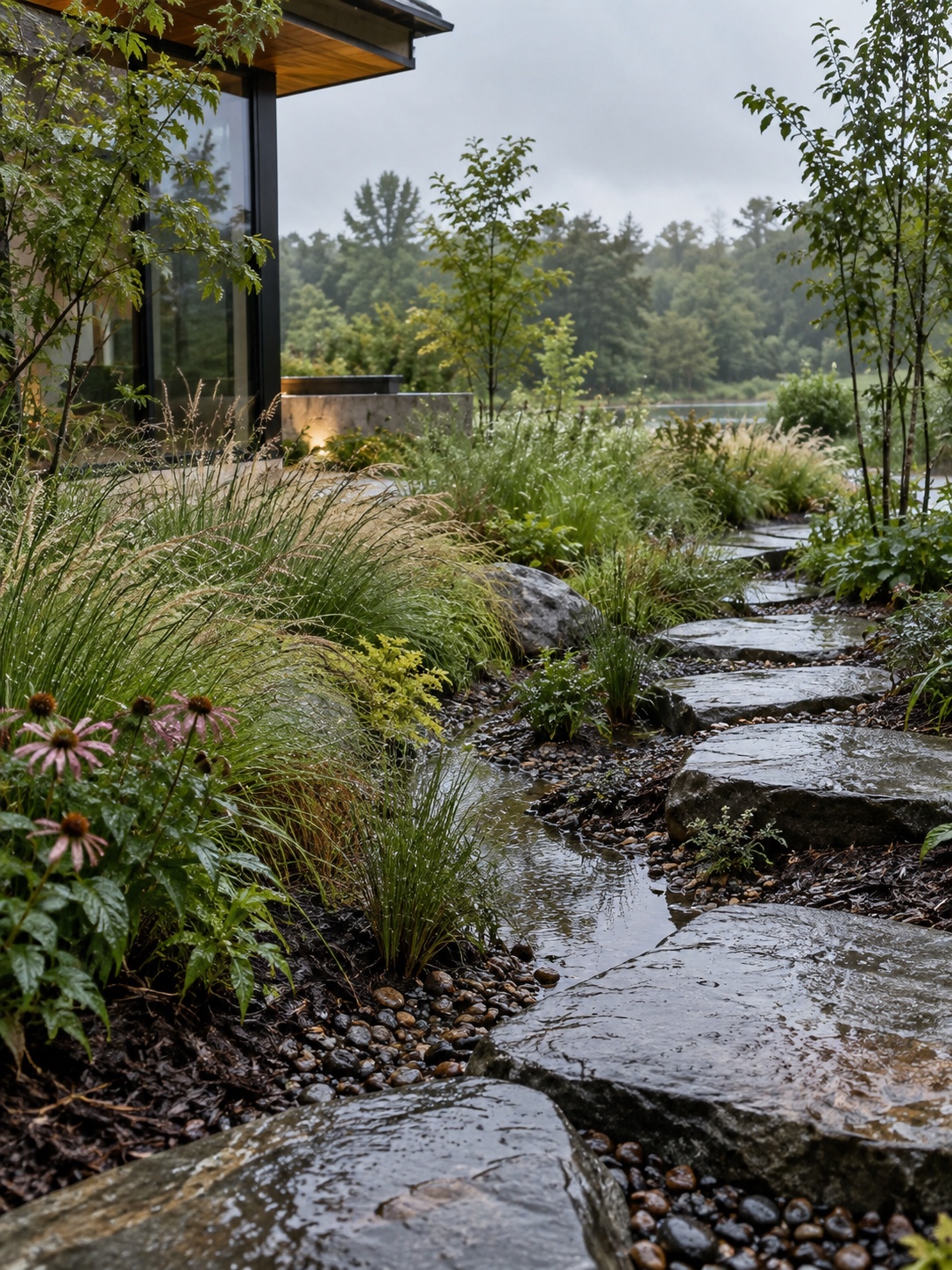 Shallow rain garden swale with ornamental grasses and stepping stones after rainfall