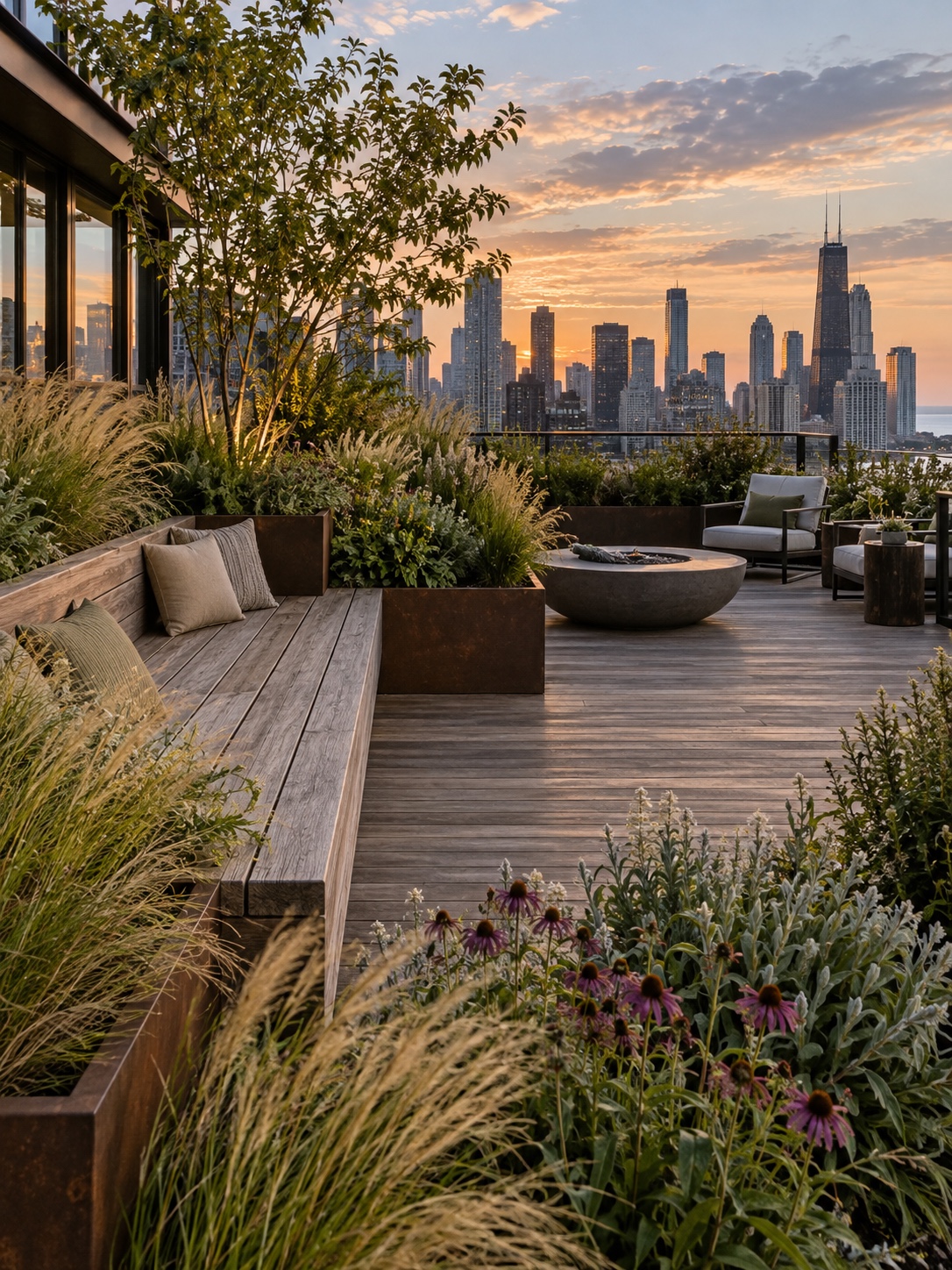 Rooftop terrace with permeable decking, native grass planters, and a sculptural bench