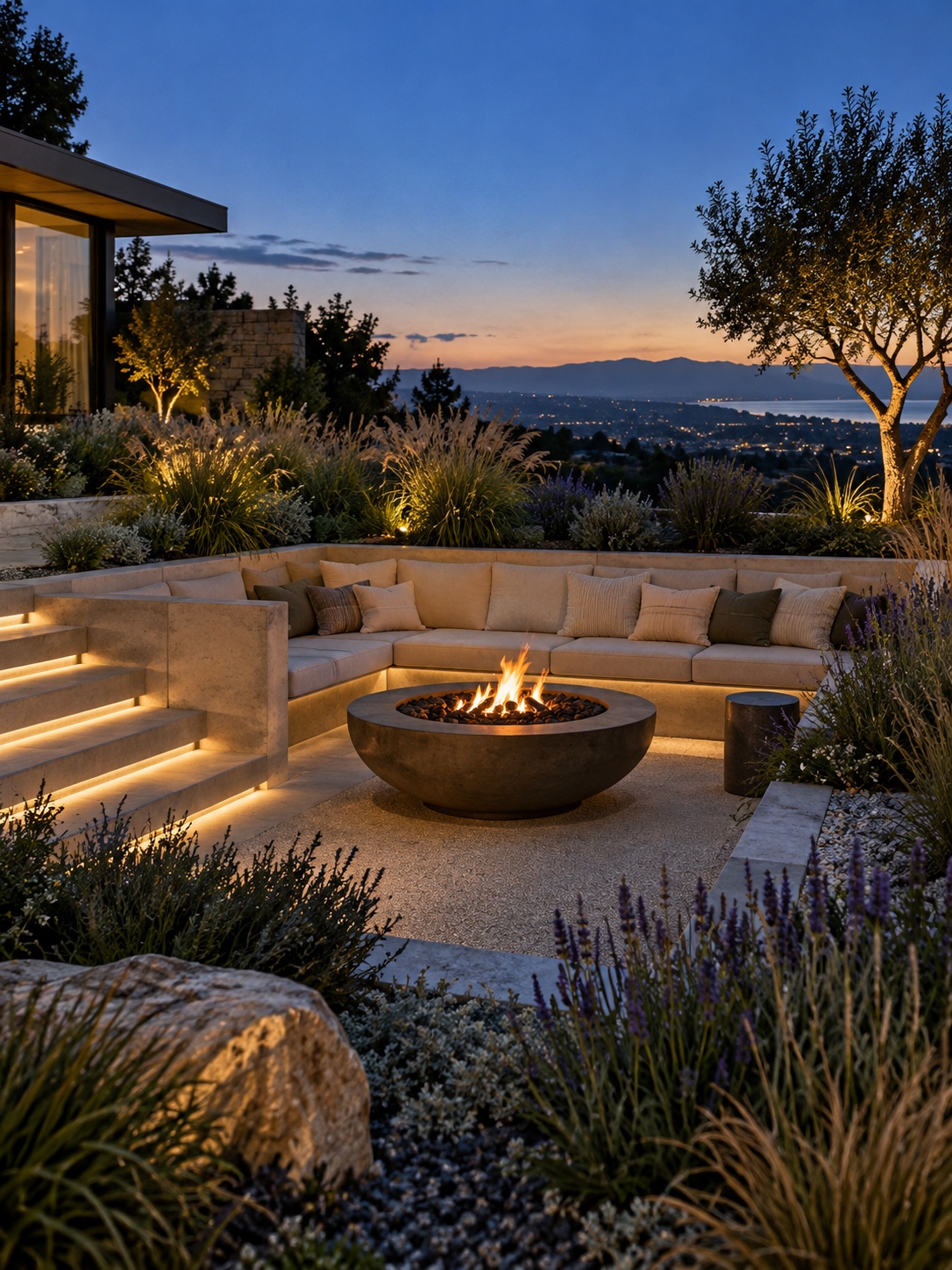 Sunken concrete garden lounge with a fire feature and native ornamental grasses at dusk
