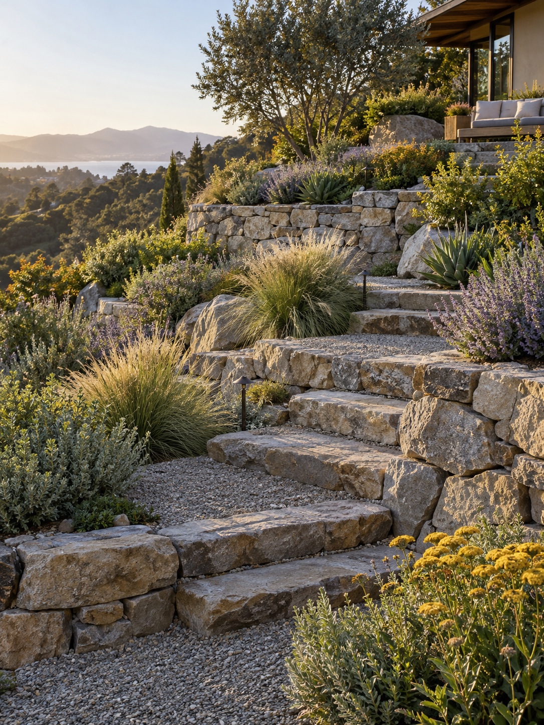 Terraced hillside garden with dry-stacked stone walls and drought-tolerant planting pockets