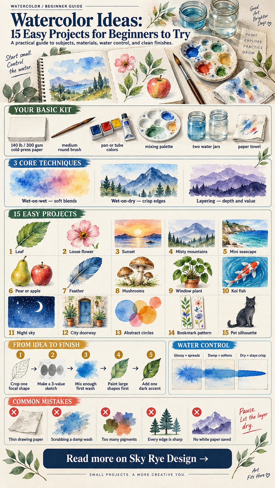 Watercolor Ideas for Beginners Infographic Watercolor ideas infographic showing a beginner kit, three painting techniques, 15 easy projects, a five-step workflow, water control, and common mistakes. | Sky Rye Design Watercolor ideas infographic showing a beginner kit, three painting techniques, 15 easy projects, a five-step workflow, water control, and common mistakes.