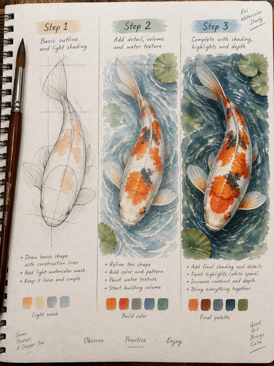 Watercolor Koi Fish Drawing Tutorial Three-step watercolor koi fish tutorial showing construction lines, orange markings, water texture, shading, and highlights. | Sky Rye Design Three-step watercolor koi fish tutorial showing construction lines, orange markings, water texture, shading, and highlights.