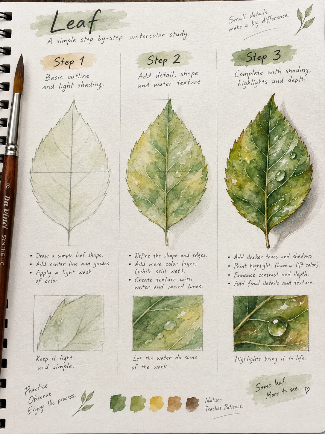 Watercolor Leaf Drawing Tutorial Three-step watercolor leaf drawing tutorial showing a light outline, layered green washes, veins, highlights, and depth. | Sky Rye Design Three-step watercolor leaf drawing tutorial showing a light outline, layered green washes, veins, highlights, and depth.