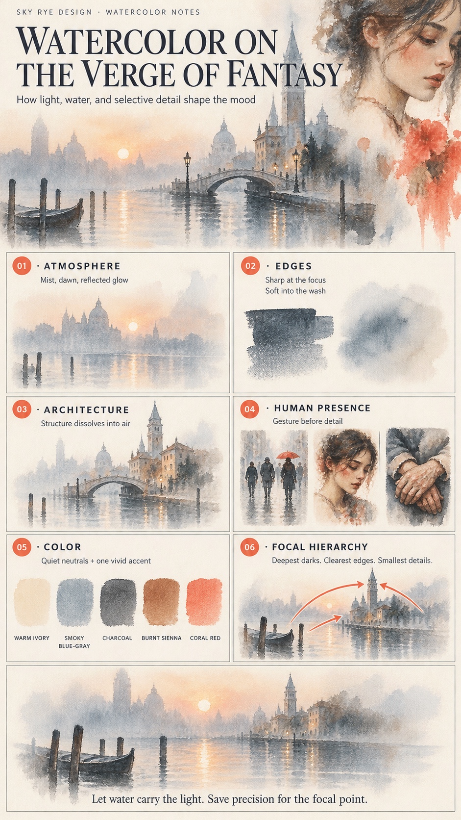 Editorial watercolor infographic explaining atmosphere, edge control, architecture, human presence, color, and focal hierarchy