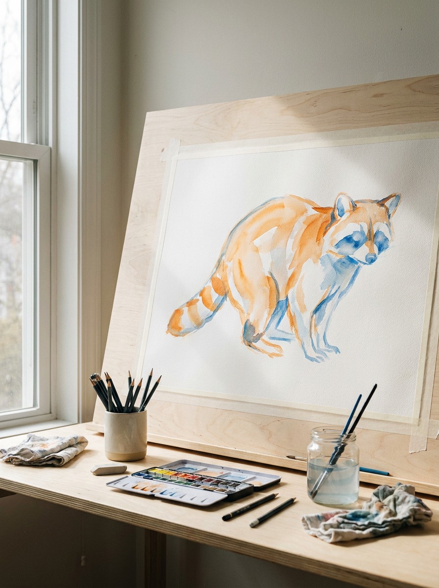 Warm-to-cool watercolor wash beneath a raccoon drawing