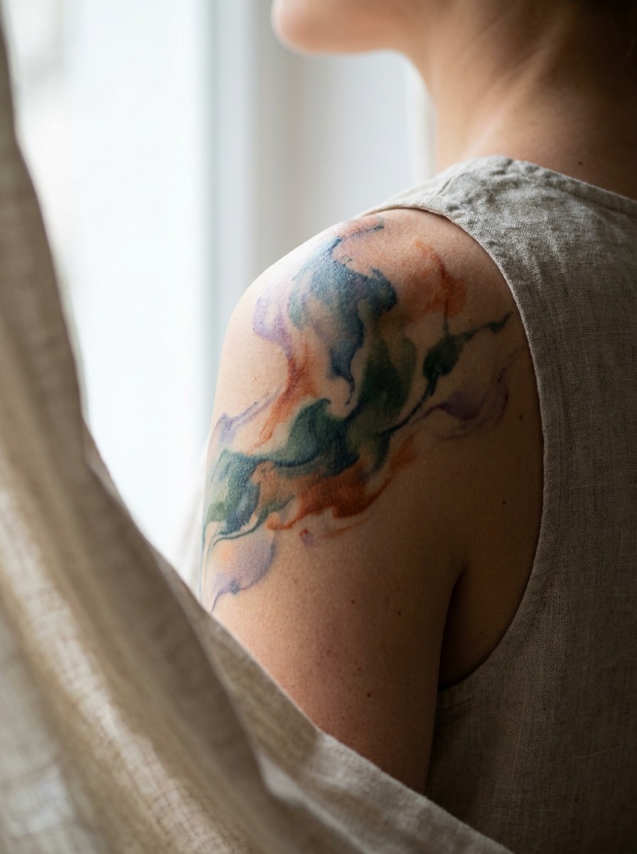Watercolor-style abstract tattoo on the back of the shoulder